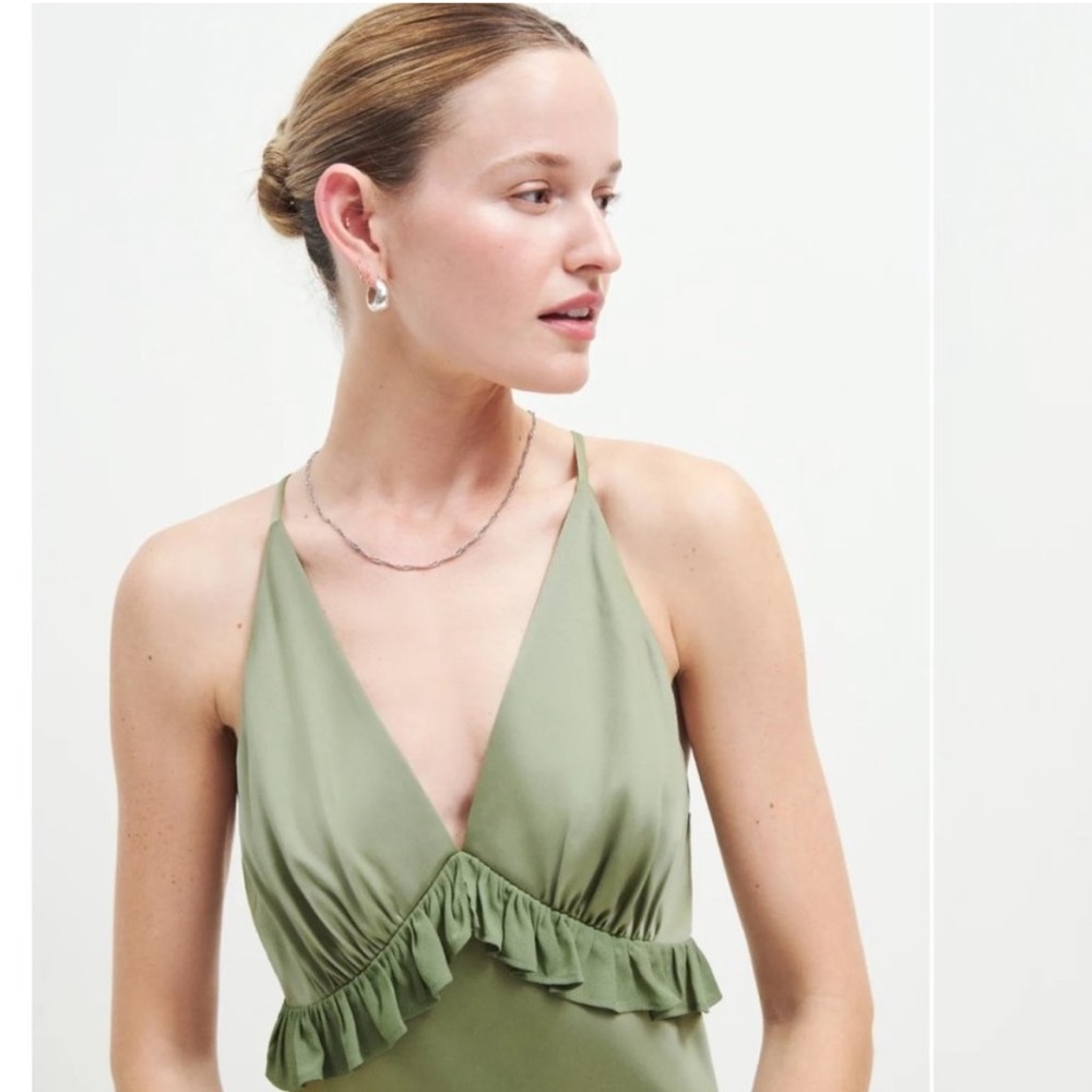 Olive Green Ruffle V-Neck Maxi Dress